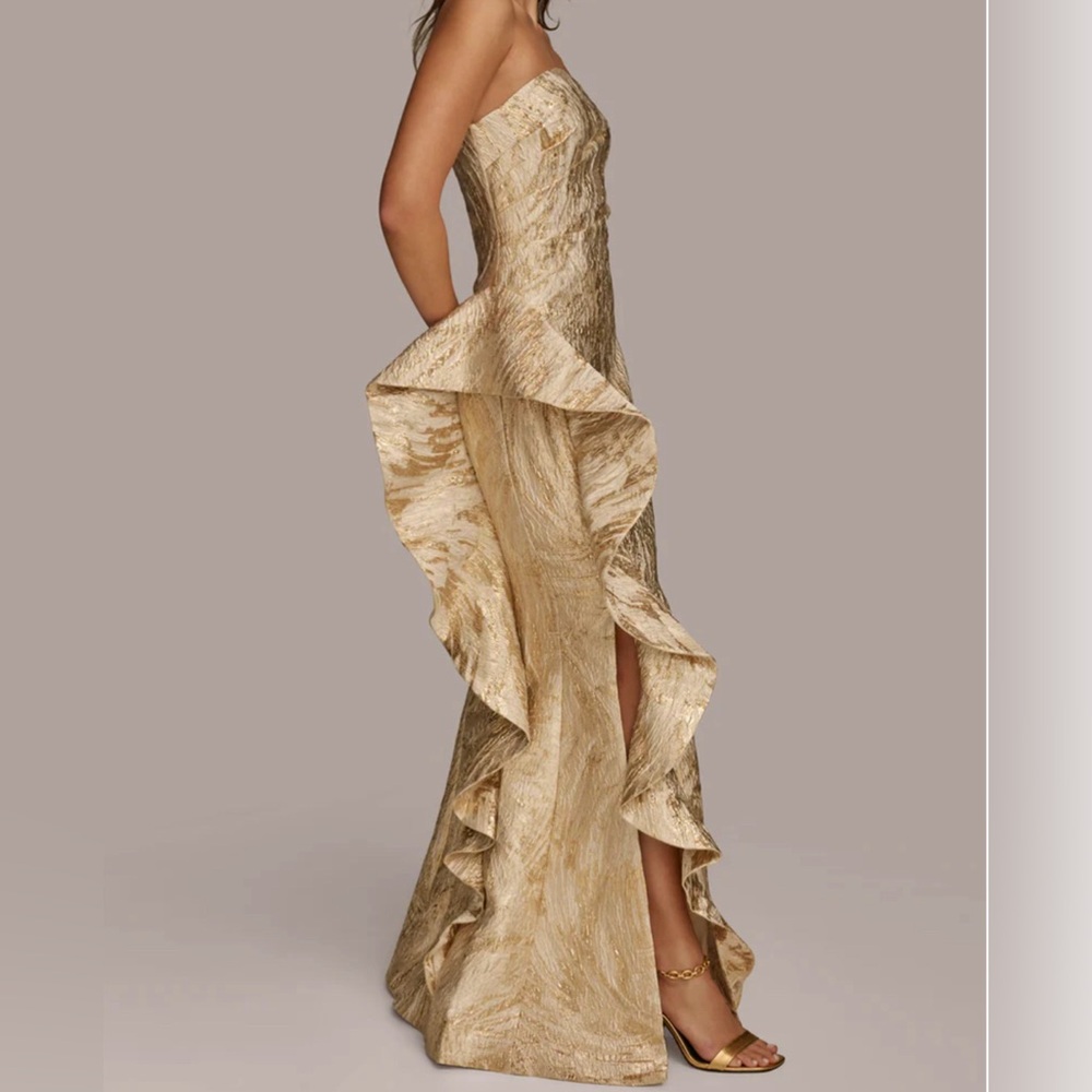 DONNA KARAN STRAPLESS BROCADE RUFFLE GOWN